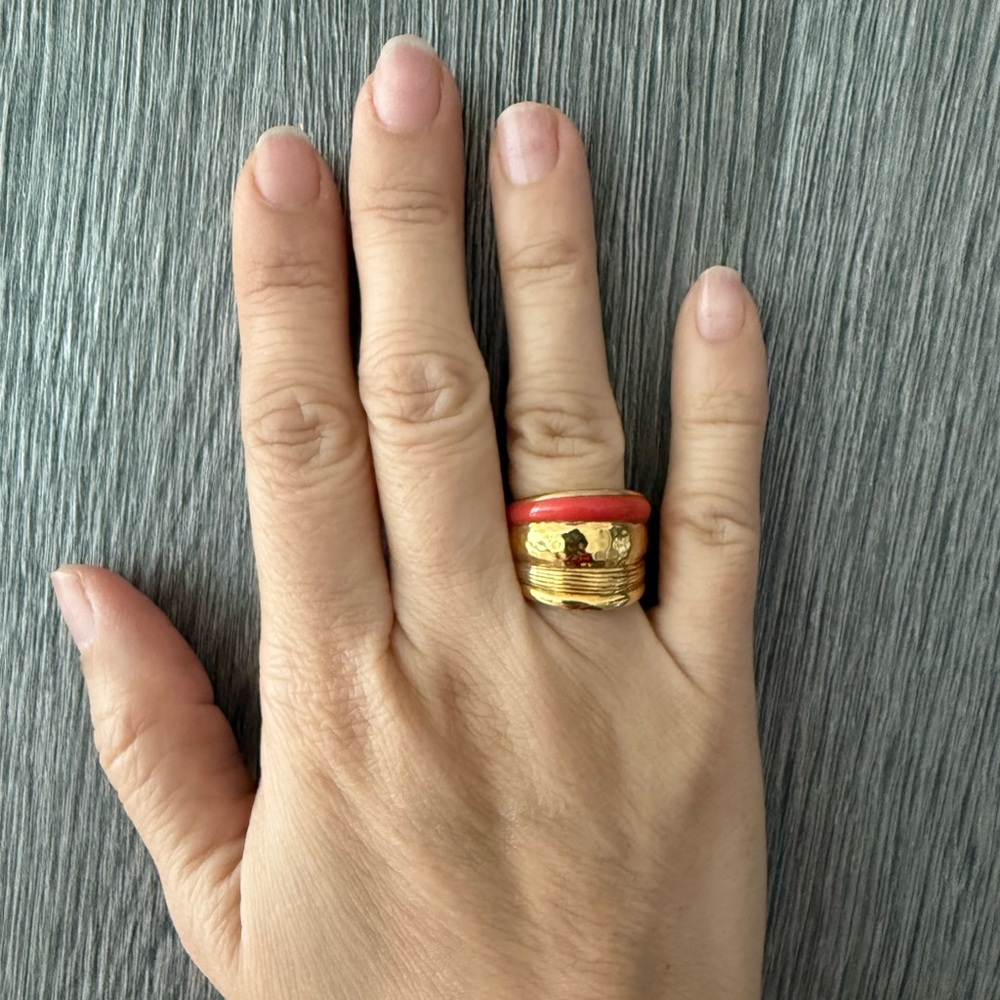 Aurelie Bidermann Venice Ring | Size 56 | Authentic | Gold Tone + Coral Enamel
